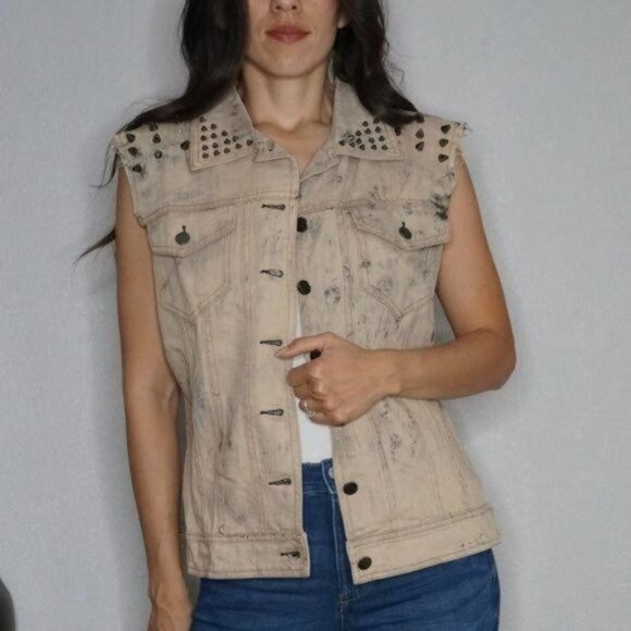 Rehab Denim Studded Vest with Leopard Print Fabric in Back Tie Dye Size Small - Picture 2 of 11
